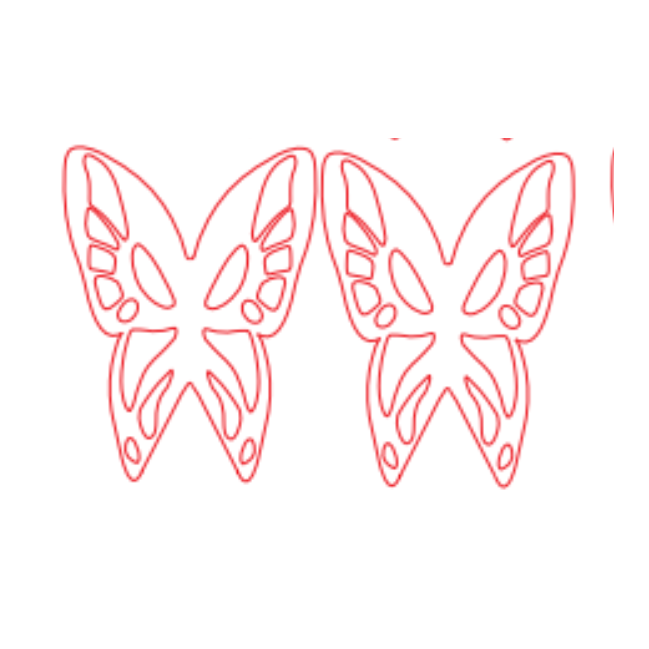 Adobe Illustrator design of a pair of butterflies with cut-out wing patterns, outlined in red cut lines