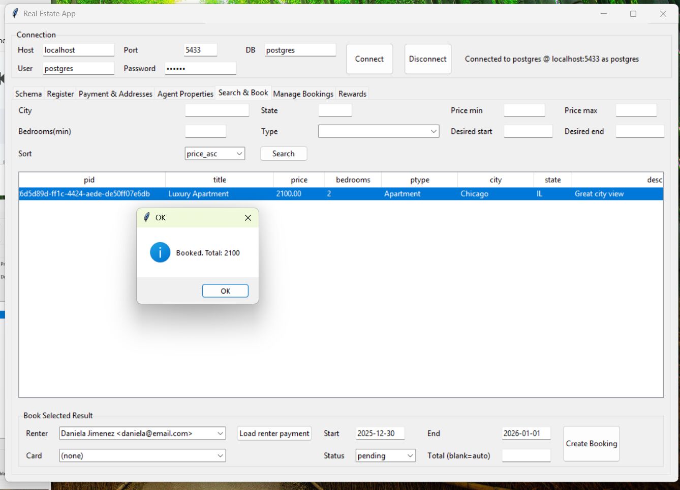 Search and Book tab: a booking created for new dates, with the message Booked. Total: 2100.
