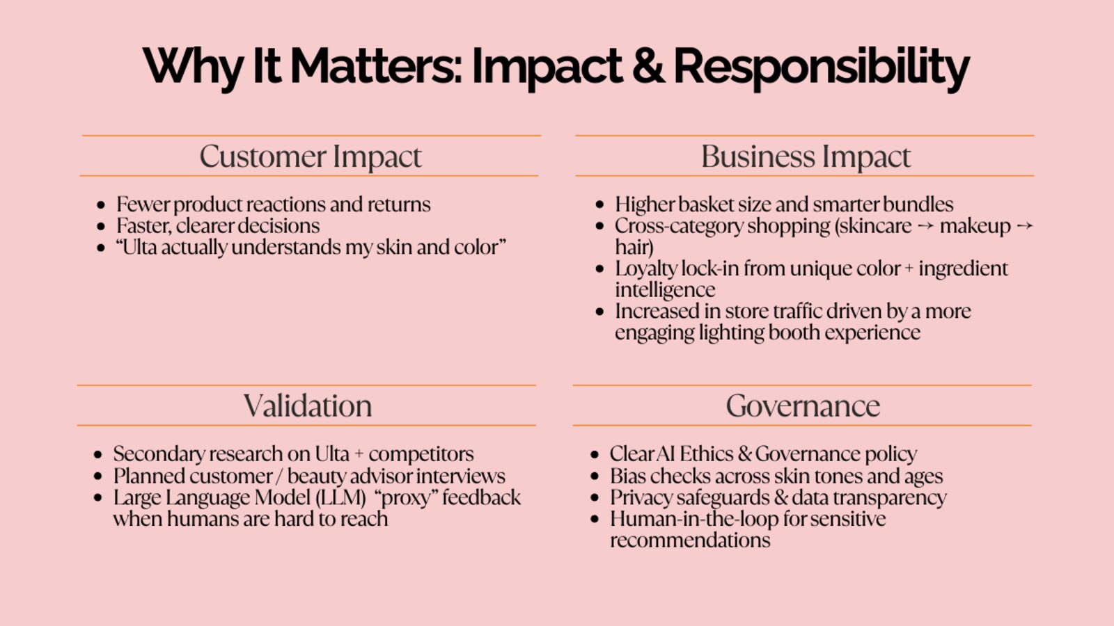 Presentation slide: Why it matters, with customer impact, business impact, validation and governance.