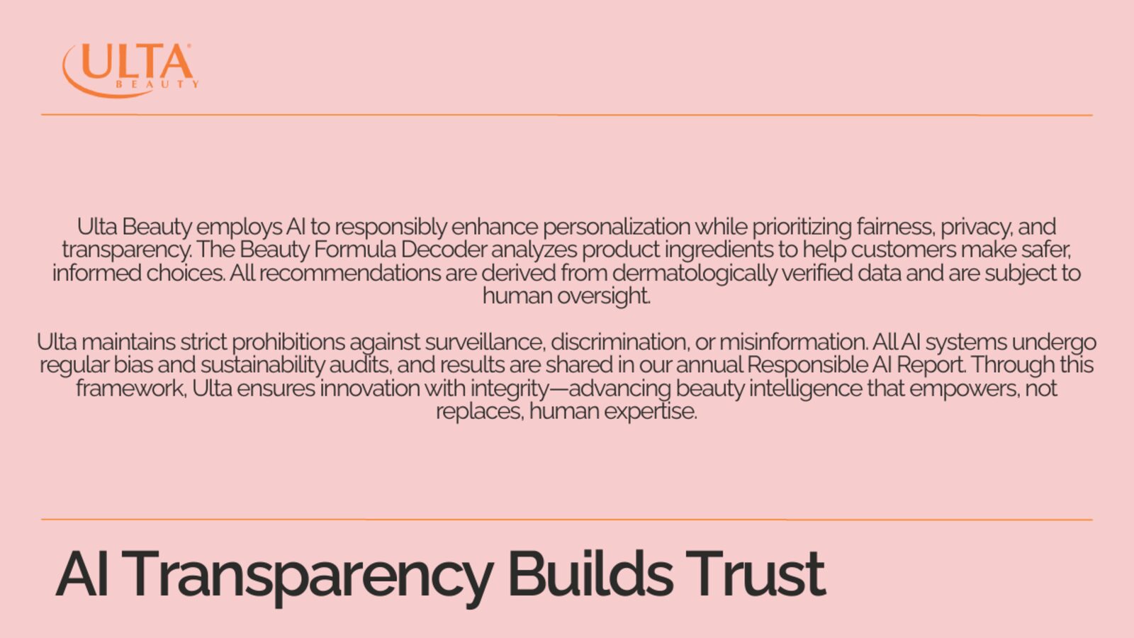 Presentation slide: AI transparency builds trust, with our sample AI disclosure.