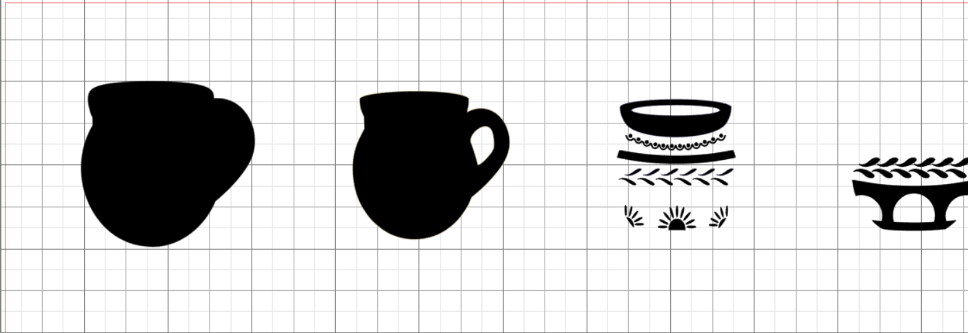 The four sticker layers drawn as separate black shapes in the cutting software, on a grid