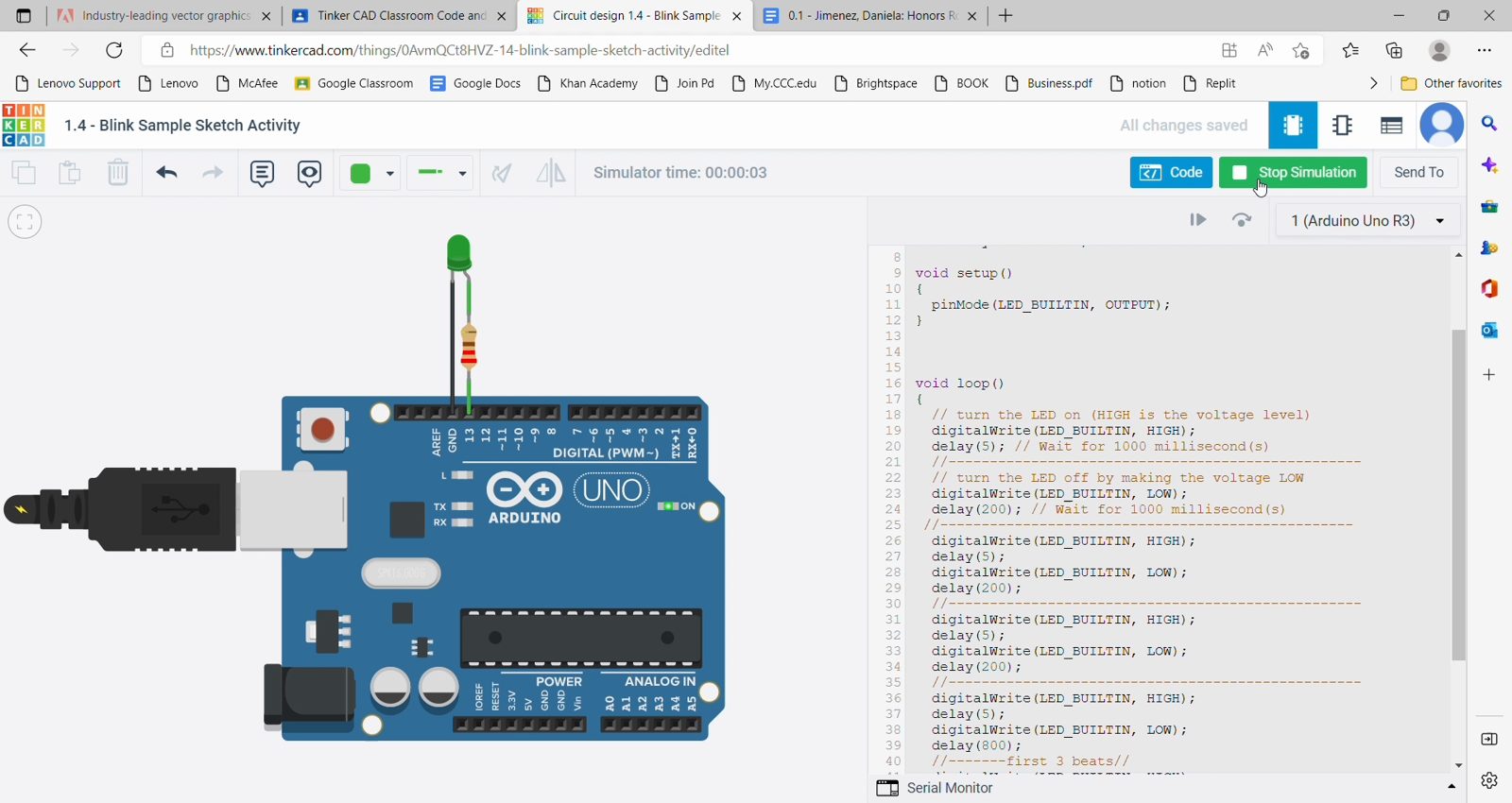 A Tinkercad Circuits screen running a simulation of an Arduino Uno with one LED and resistor, next to the Blink sketch that switches the LED on and off.