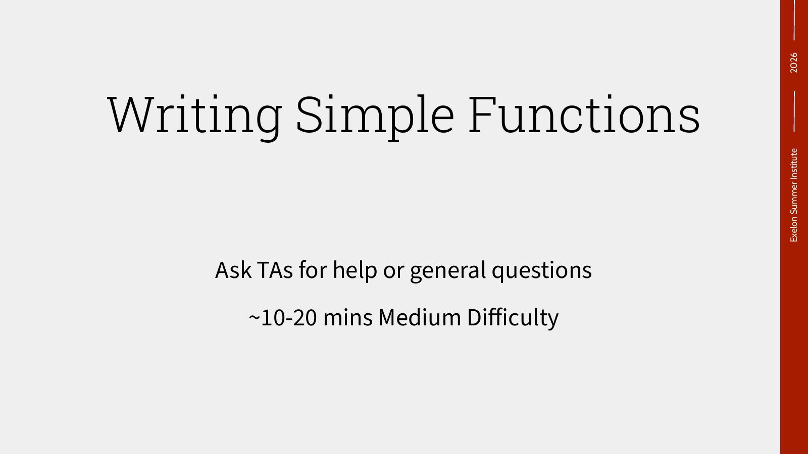 Practice slide: writing simple functions, ten to twenty minutes, medium difficulty.