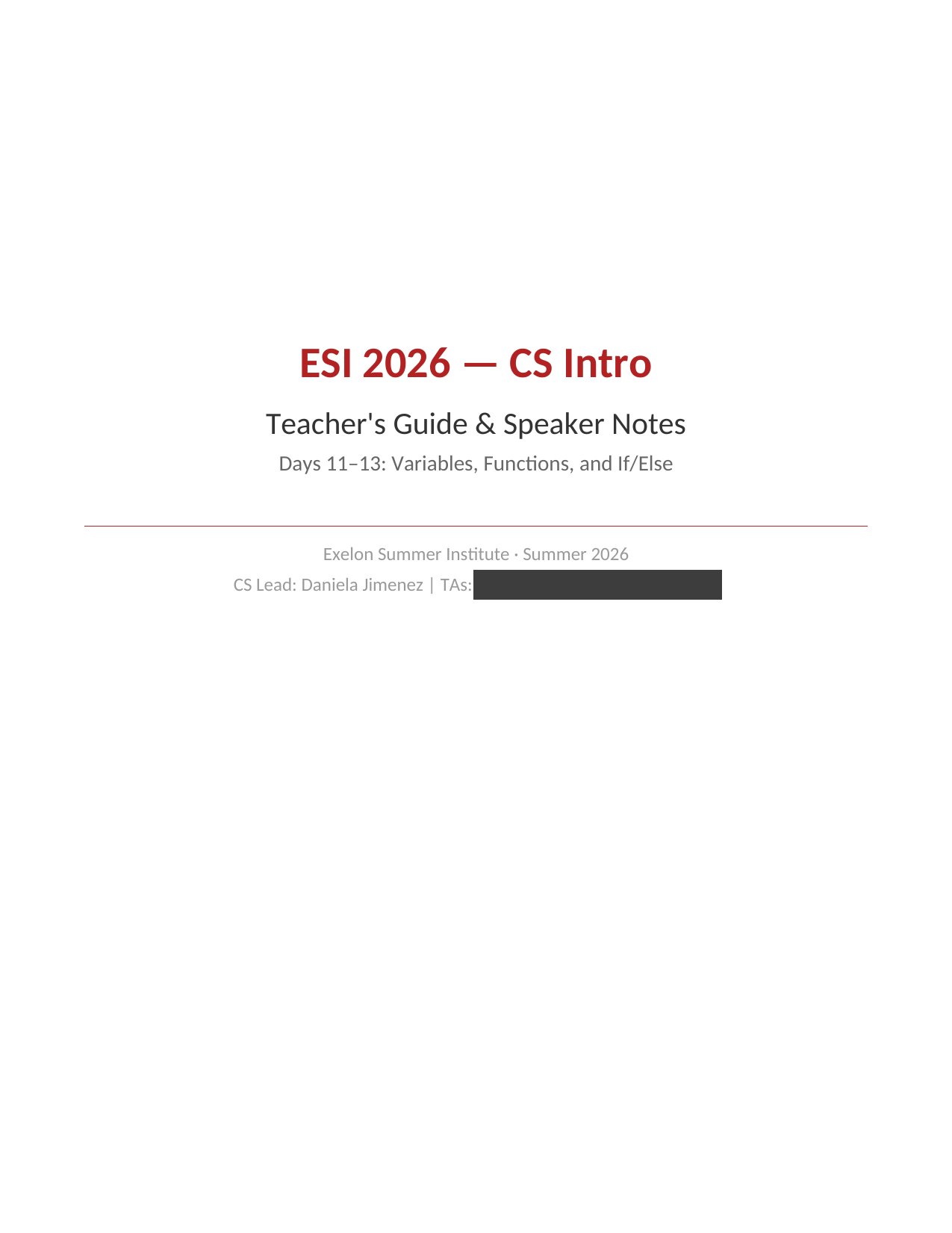 Cover of the teacher's guide and speaker notes for Days 11 to 13. TA names are blocked out.