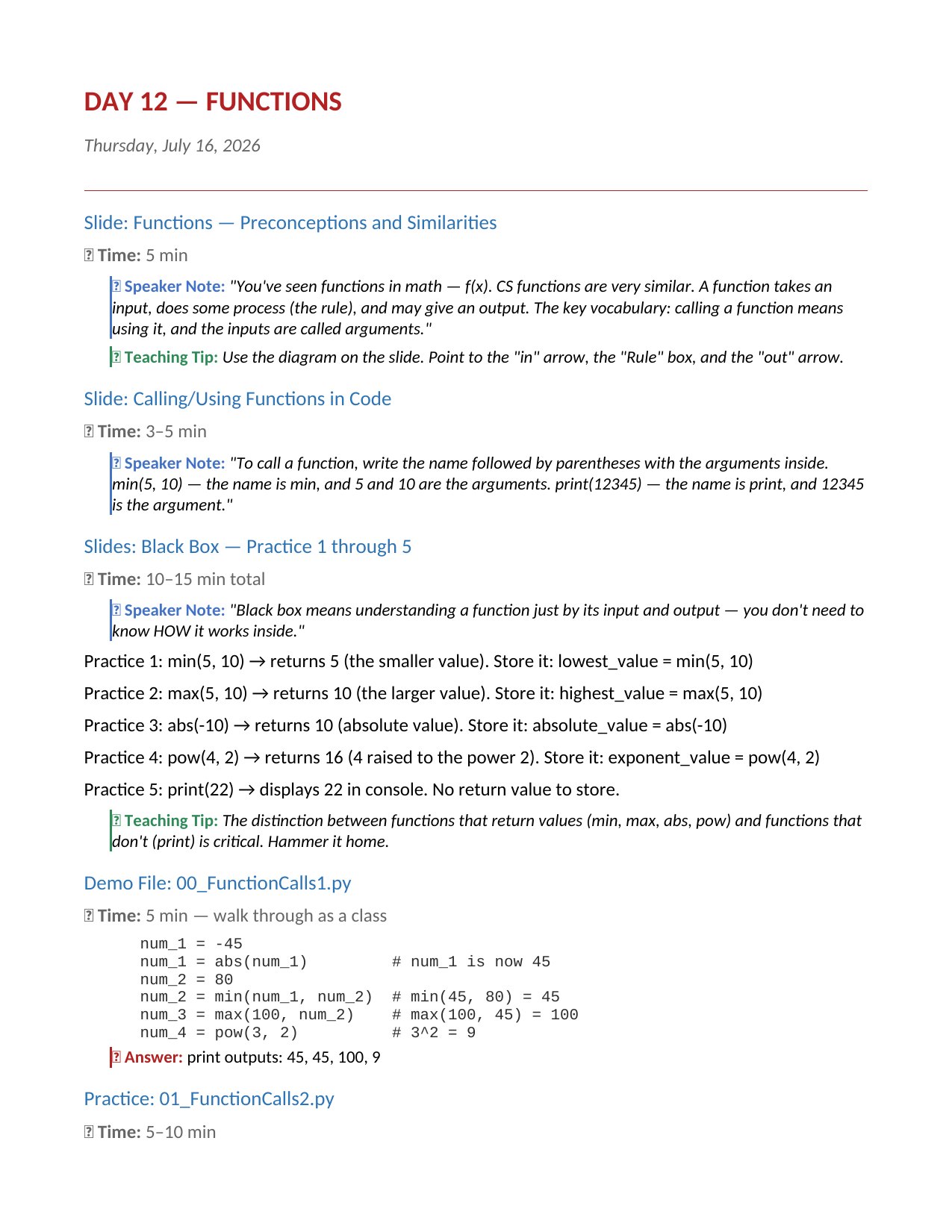 A page of the teacher's guide for Day 12, functions, with timing, speaker notes and answers.