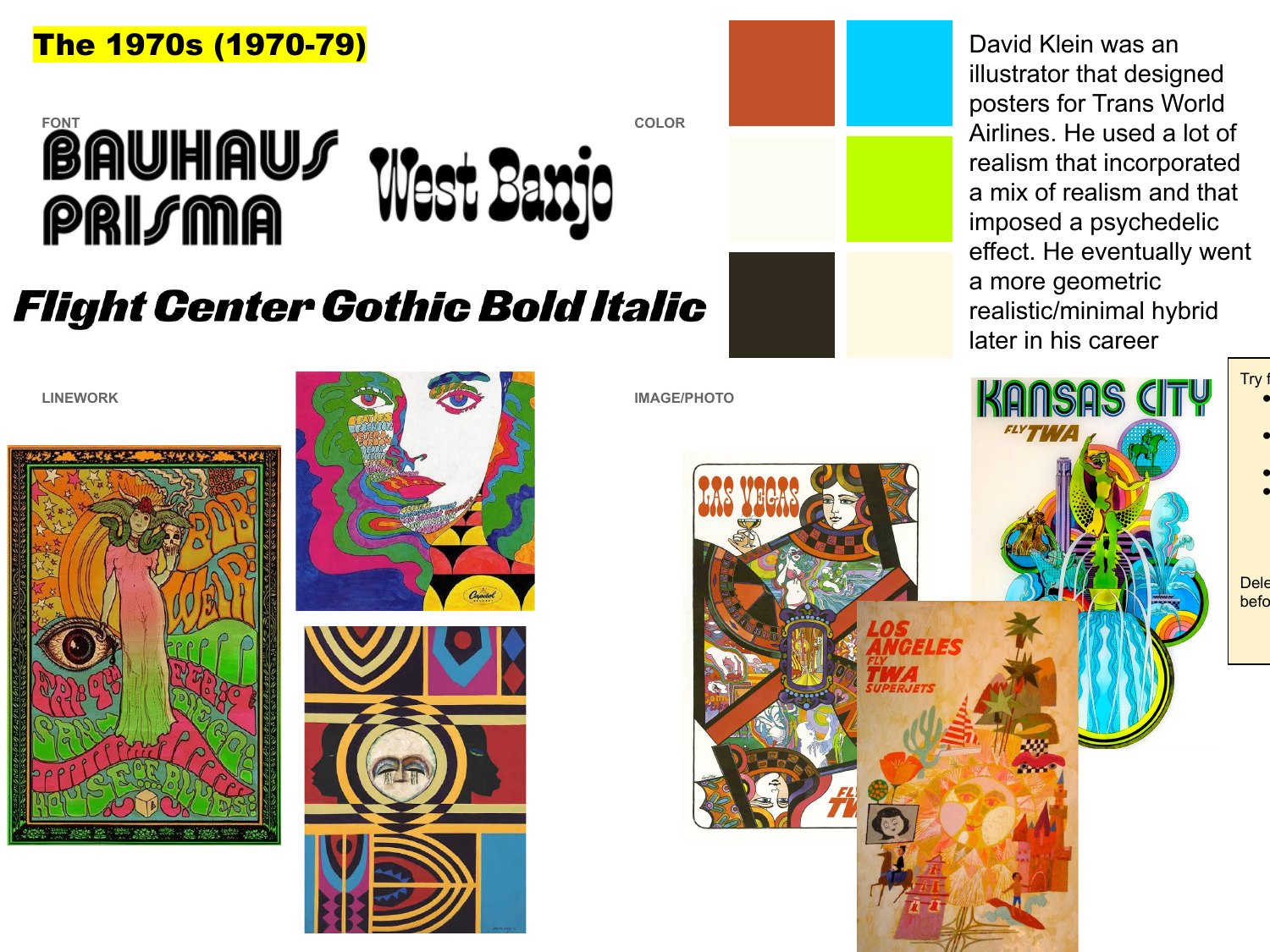 A student's 1970s board with a note on illustrator David Klein and bold display fonts.