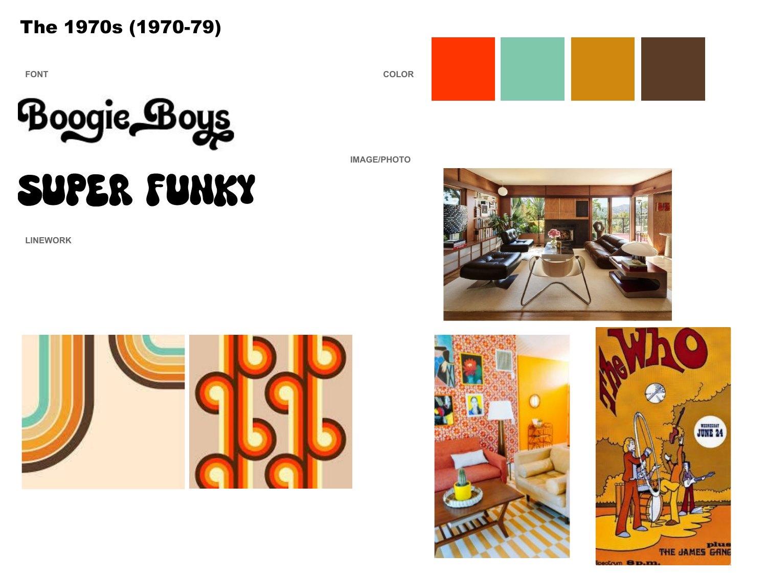A student's 1970s board with funk display type, an orange and brown palette and interiors.