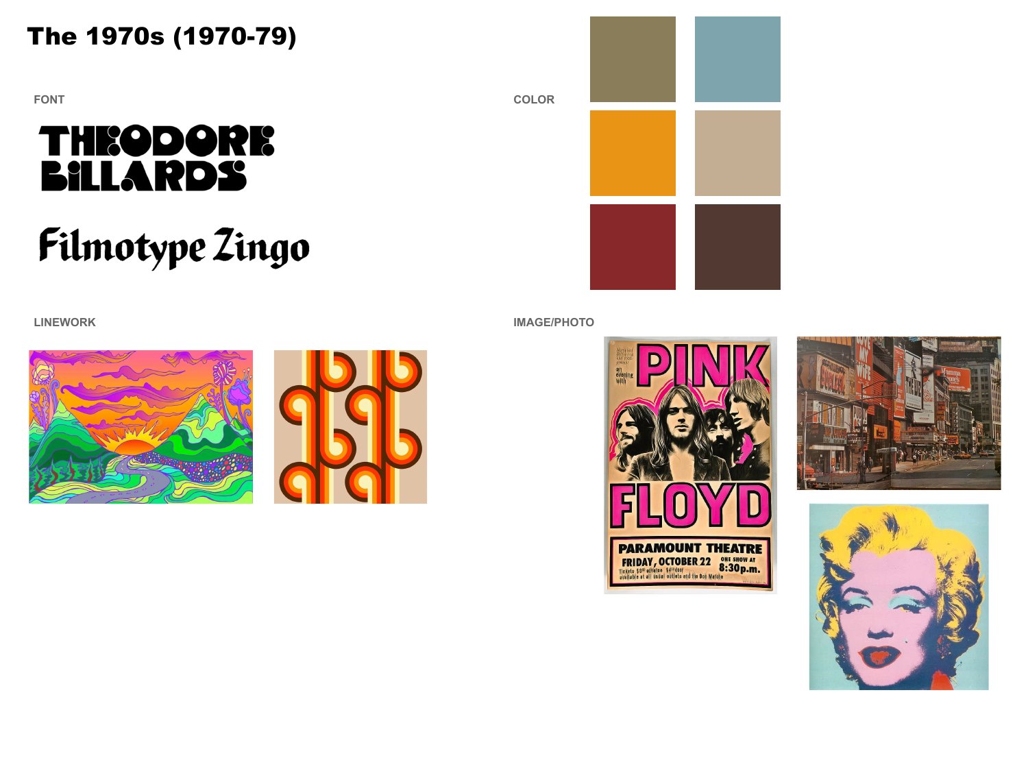 A student's 1970s board with concert posters, display fonts and a muted palette.